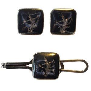 Mid Century Siam Niello Sterling Silver Black Cufflinks & Tie Bar Hindu Dancer